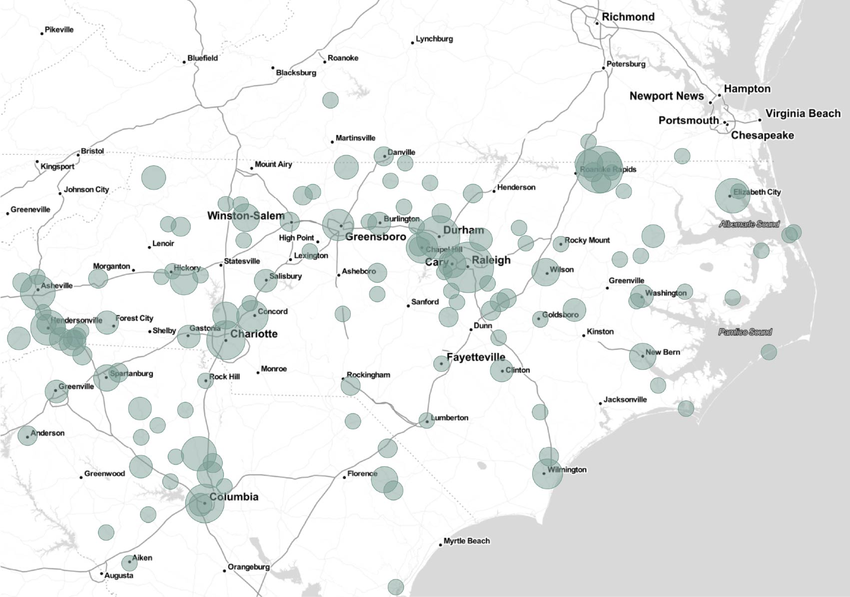 A map-based visualization from the project with various markers centred around North Carolina.